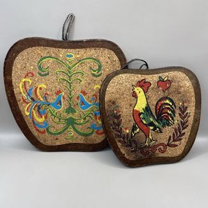 Vintage 60s Hand Painted Folk Art Wood / Cork Hot Plates Trivets (2) Apple Shape